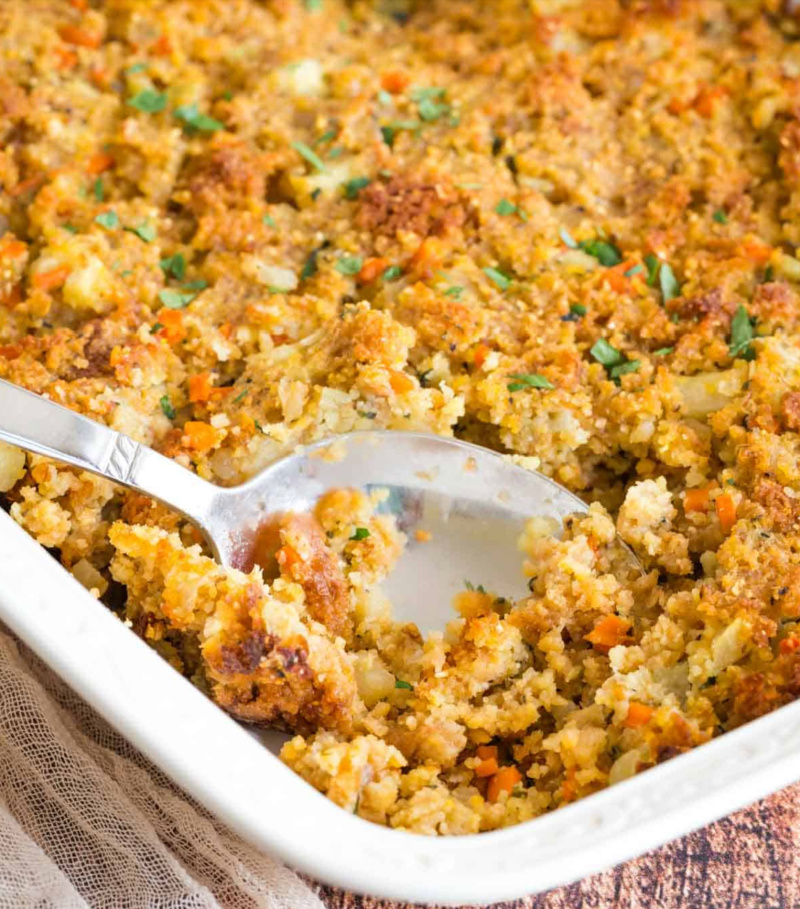 white dish of cornbread stuffing