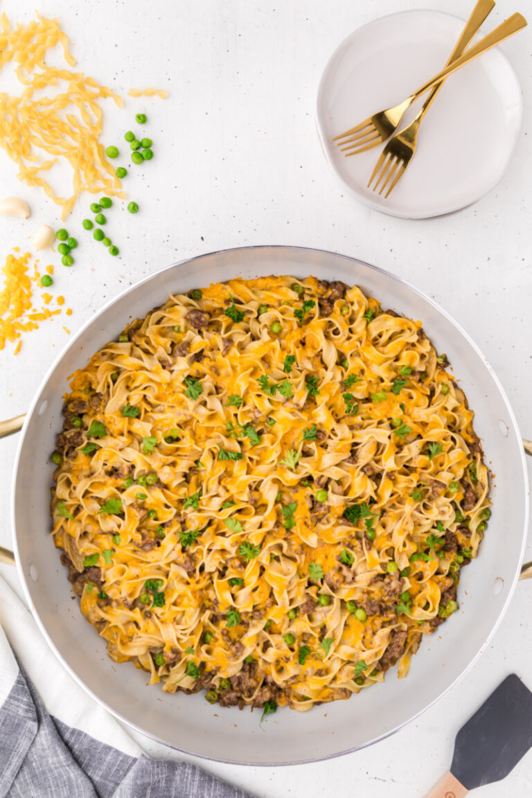 ground beef stroganoff in pan