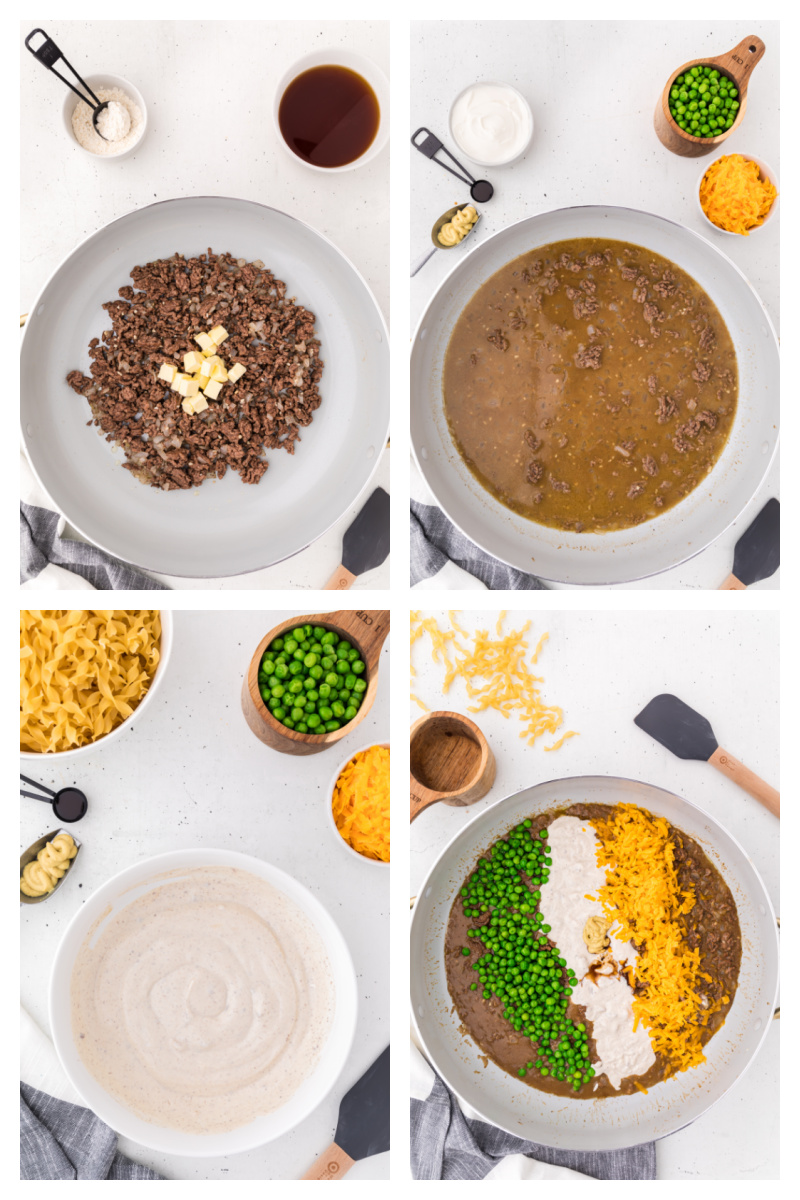four photos showing how to make sauce for ground beef stroganoff