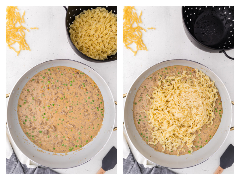 two photos showing sauce in pan and then noodles added to sauce