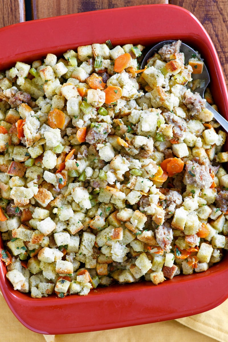 stuffing in red casserole dish