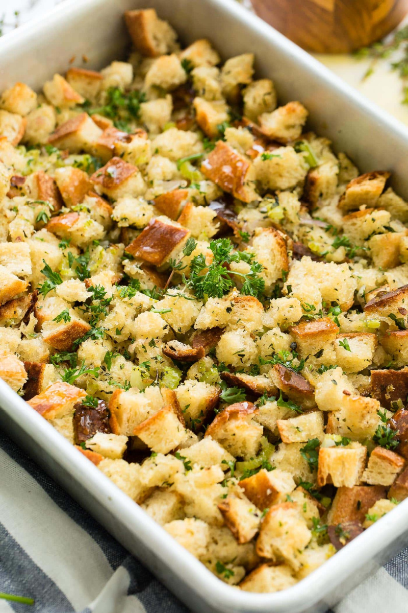 stuffing in white casserole dish