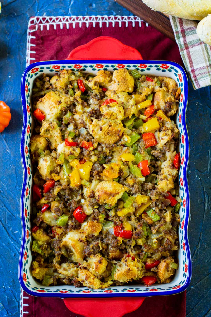 maple sausage stuffing in a casserole dish