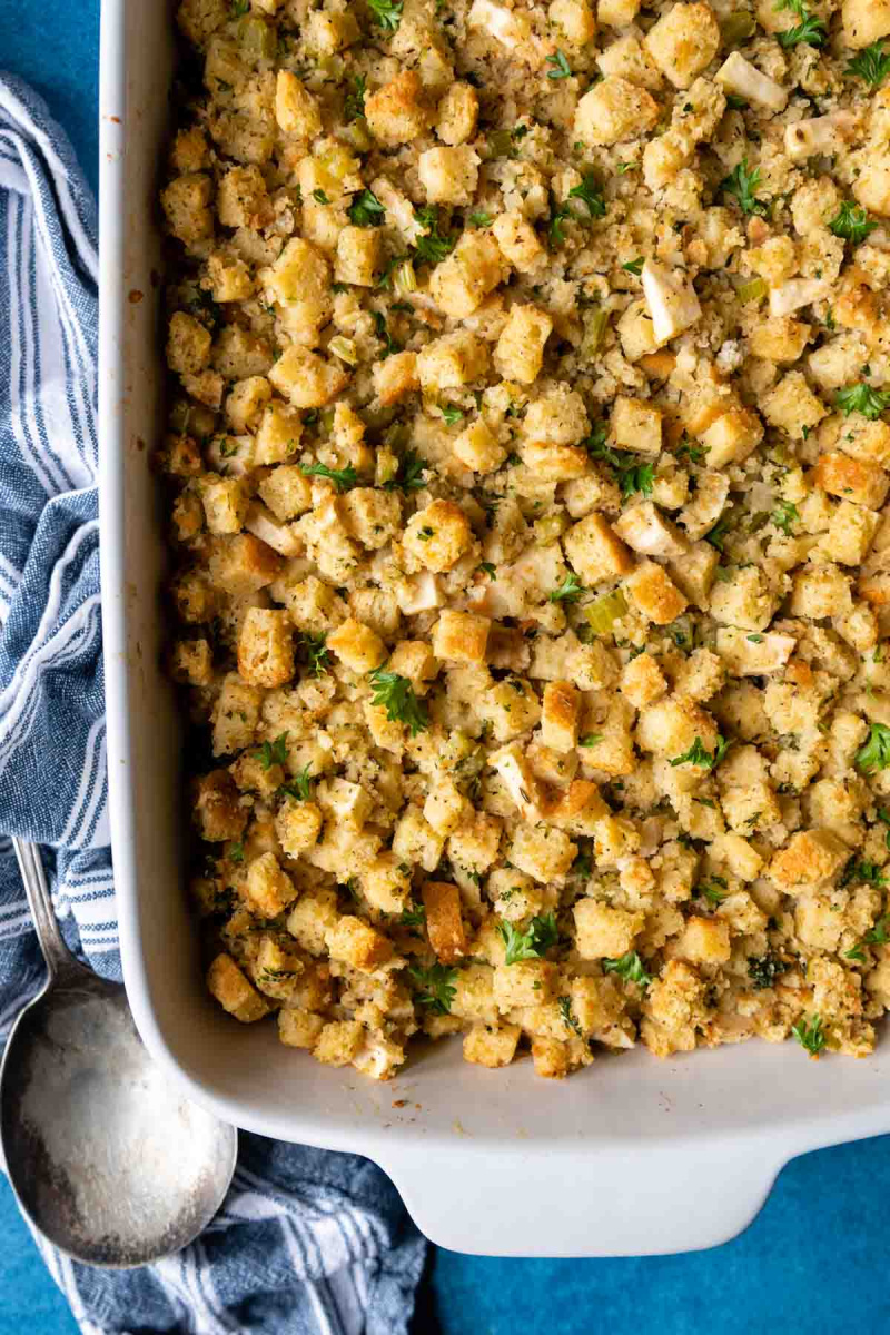 casserole dish of stuffing