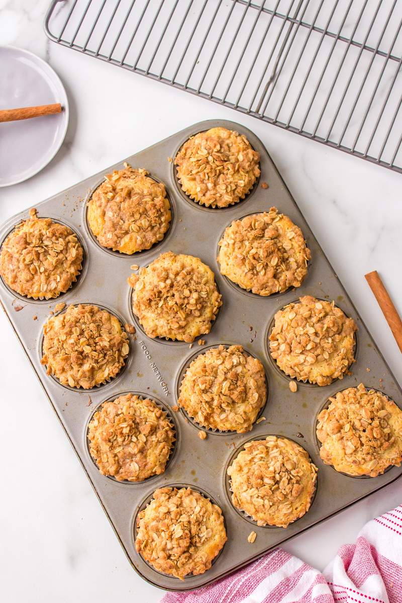 overhead shot of muffin pan with oatmeal muffins