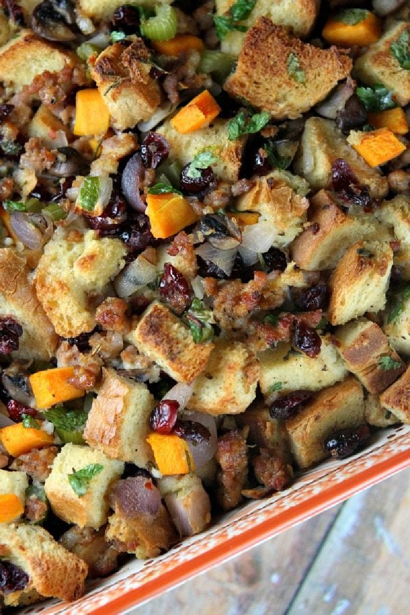 stuffing in a casserole dish