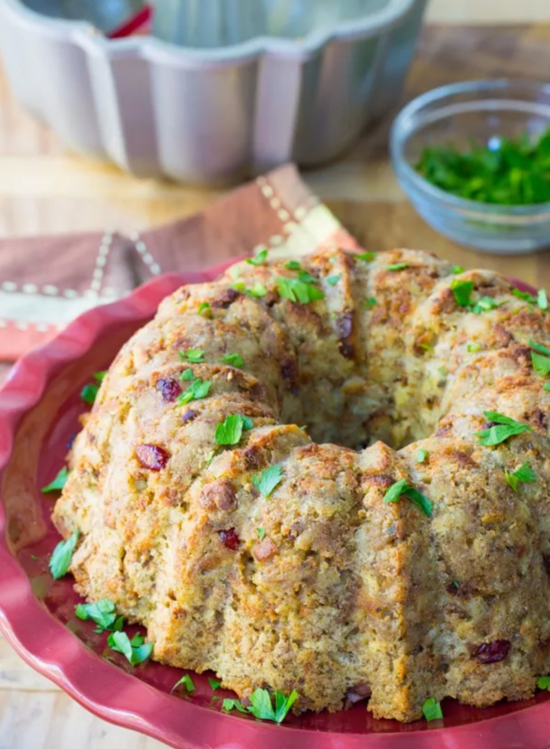 bundt pan stuffing on a red platter