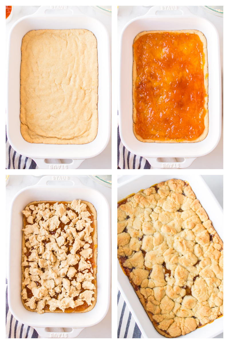 four photos showing how to make apricot shortbread bars