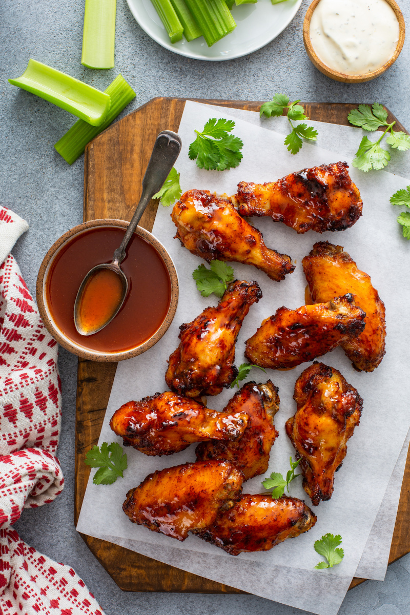 air fryer hot honey butter chicken wings on cutting board