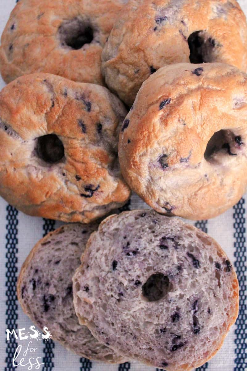 blueberry bagels on cut in half