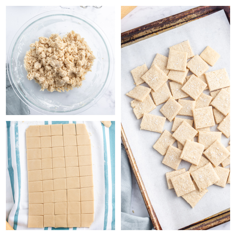 three photos sharing how to make dough and form butterscotch shortbread