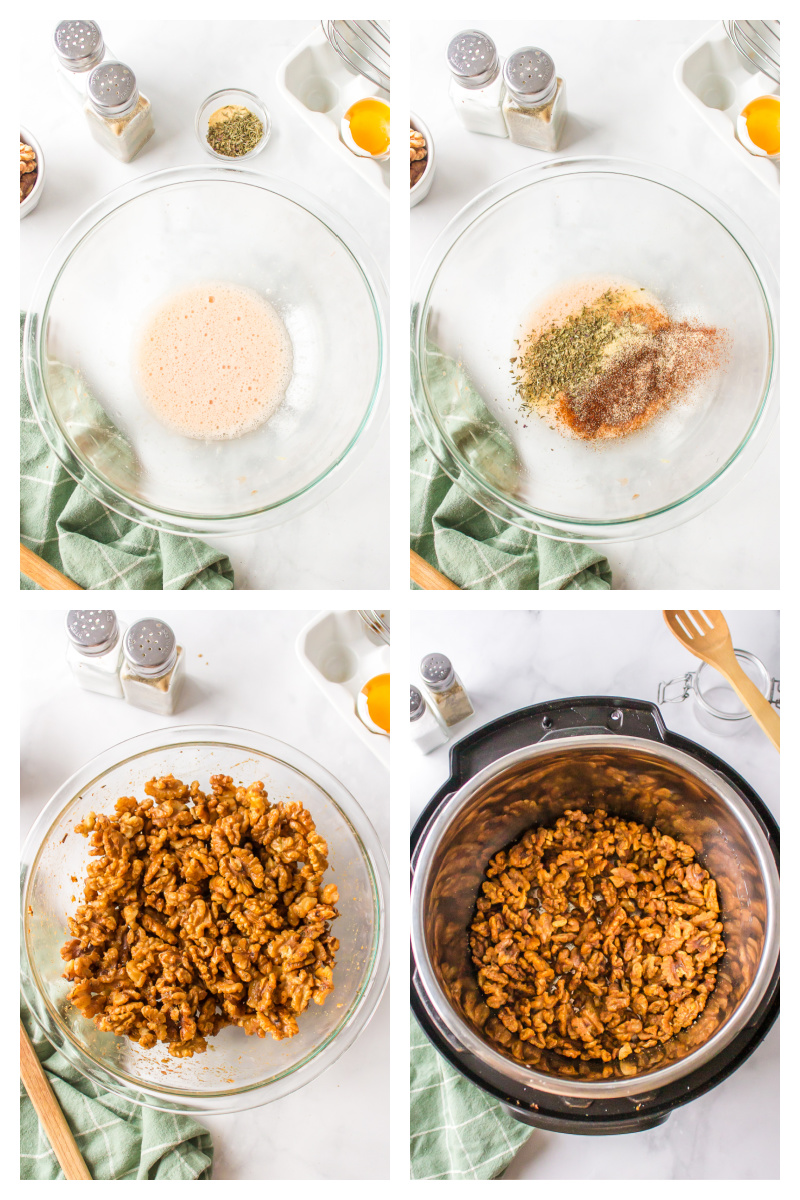 four photos showing how to make instant pot cajun spiced walnuts