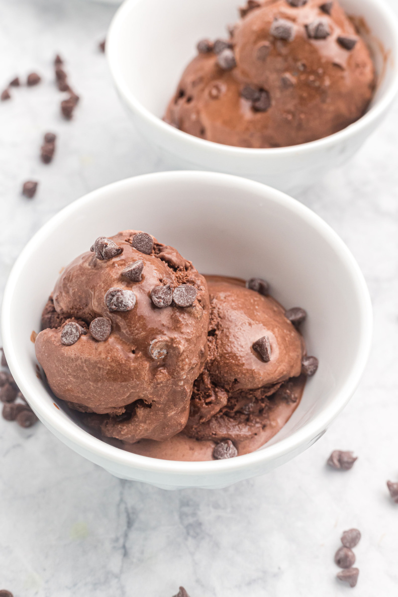 scoops of chocolate frozen yogurt in a bowl