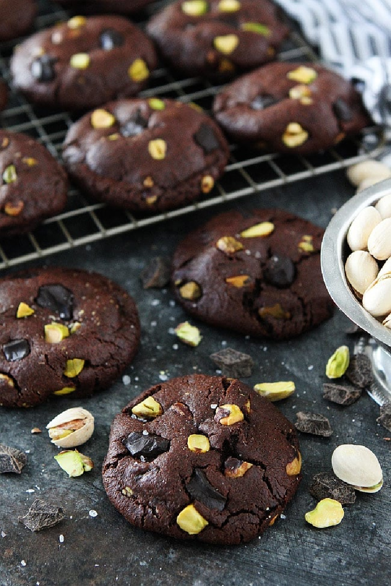 chocolate pistachio cookies on rack