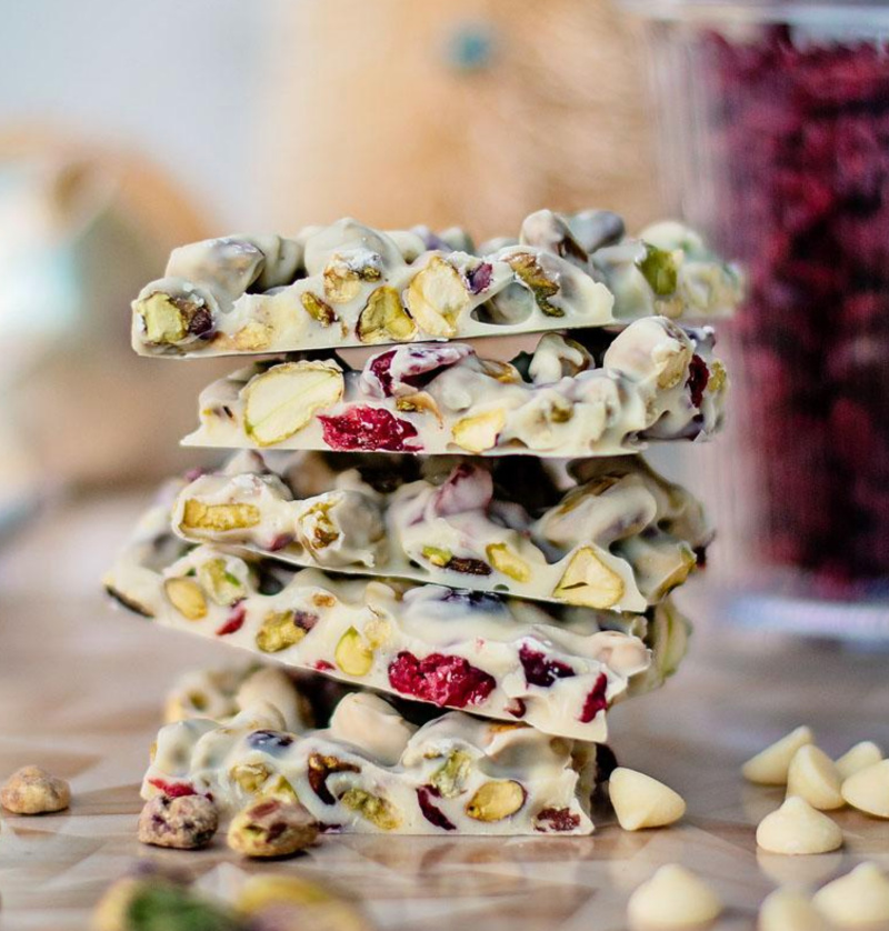 cranberry pistachio white chocolate bark stacked