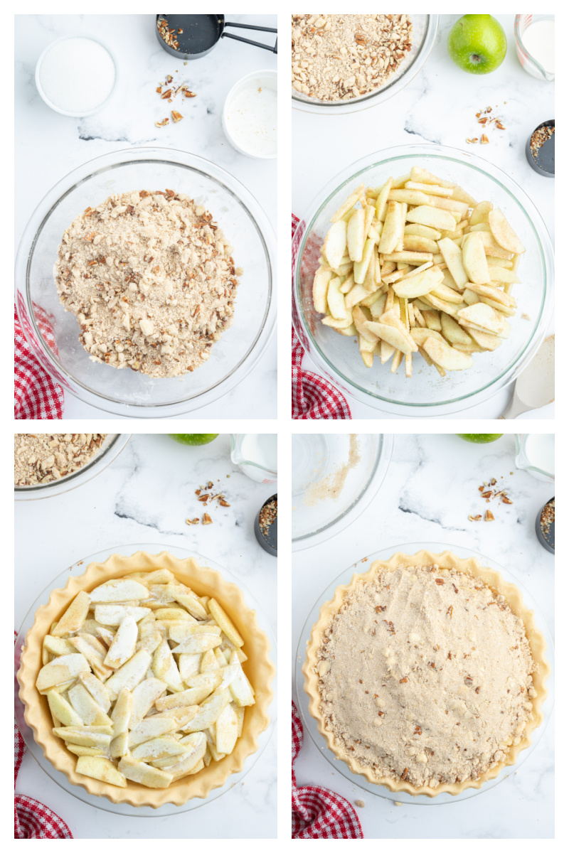 four photos showing how to assemble dutch apple pie