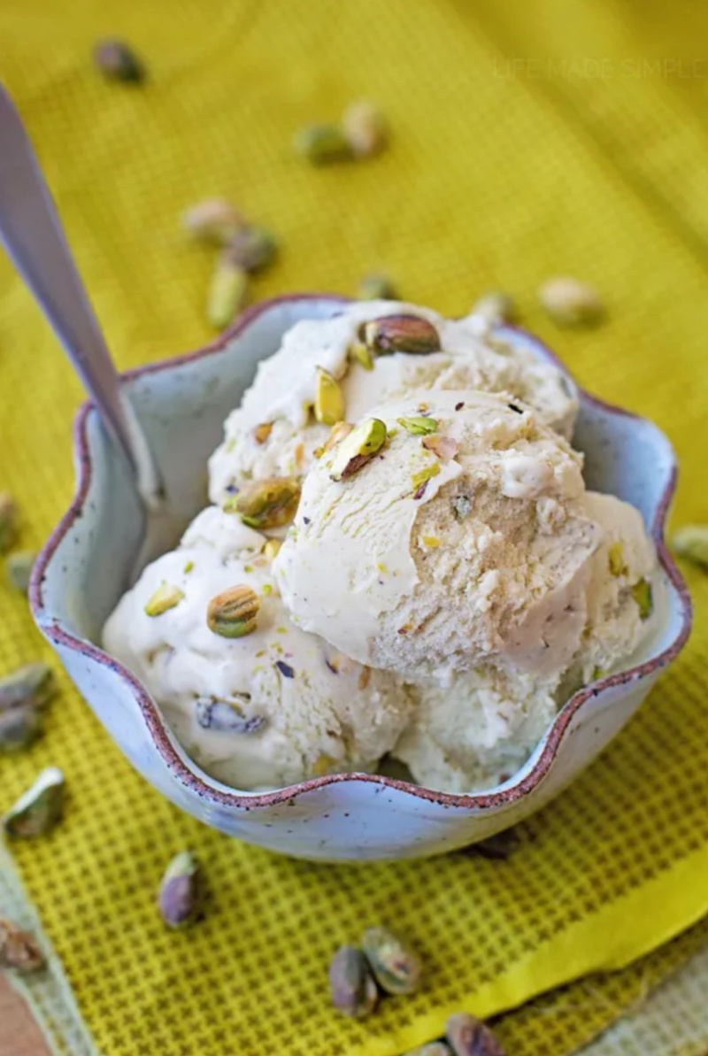 pistachio ice cream dished into bowl