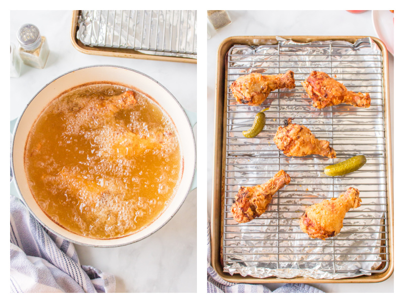 two photos showing chicken frying and then on rack