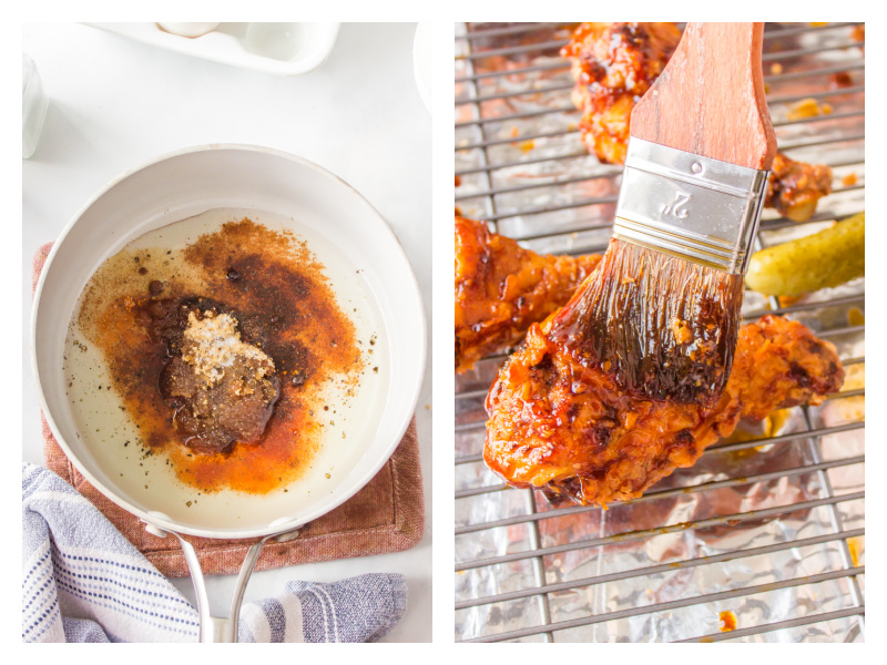 two photos showing brushing sauce onto fried chicken