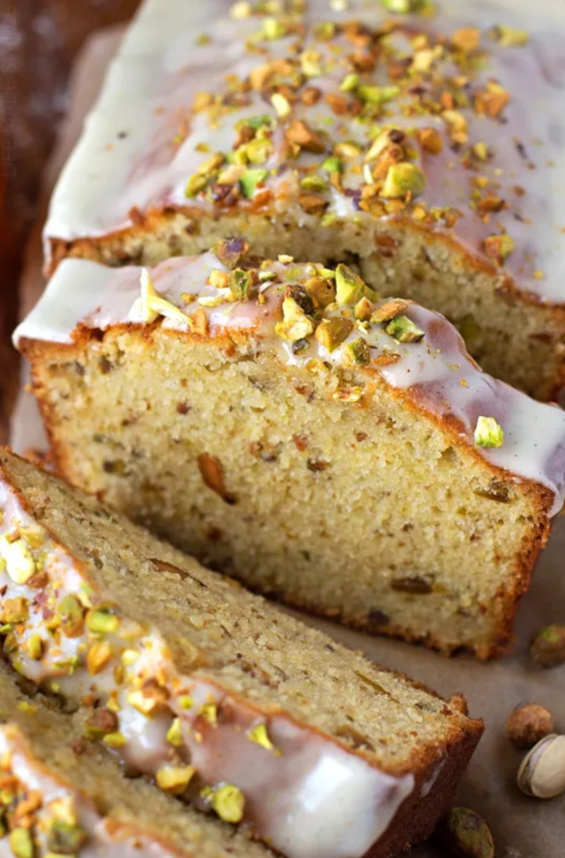 pistachio pound cake sliced open