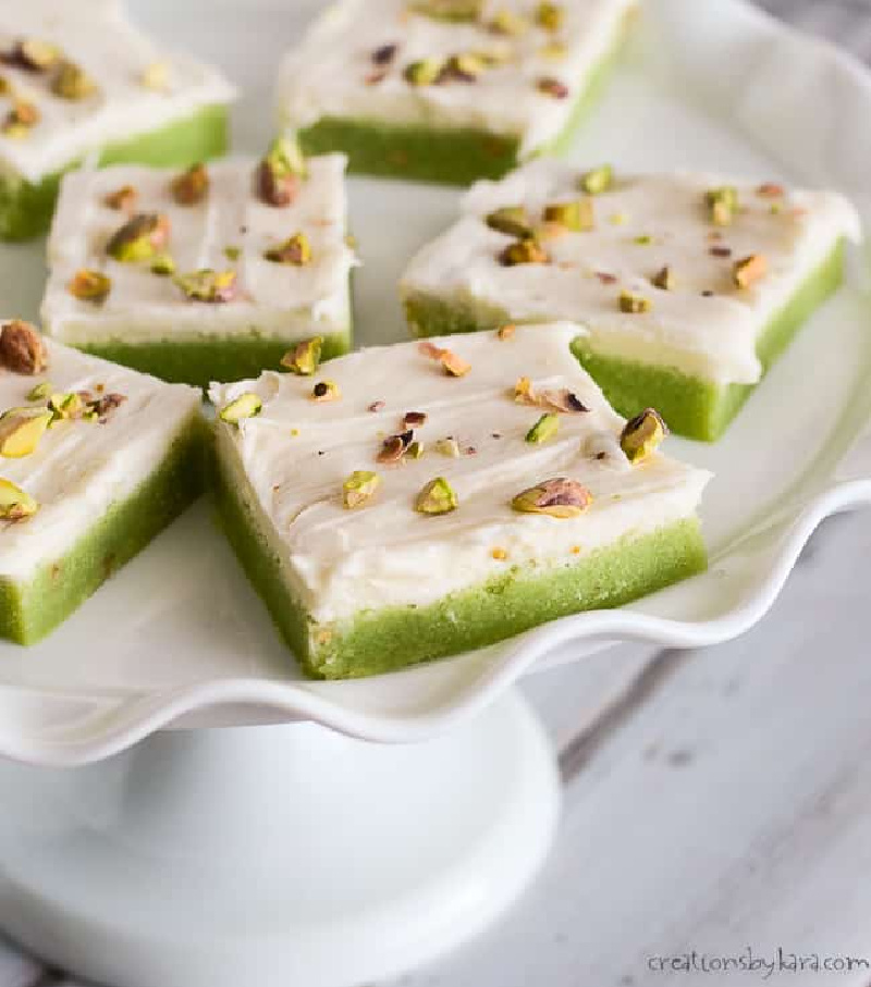 pistachio sugar cookie bars on display platter