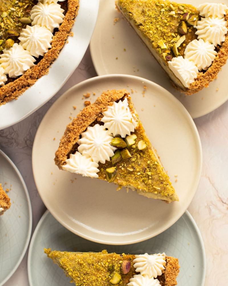 pistachio and mascarpone pie slice on plate