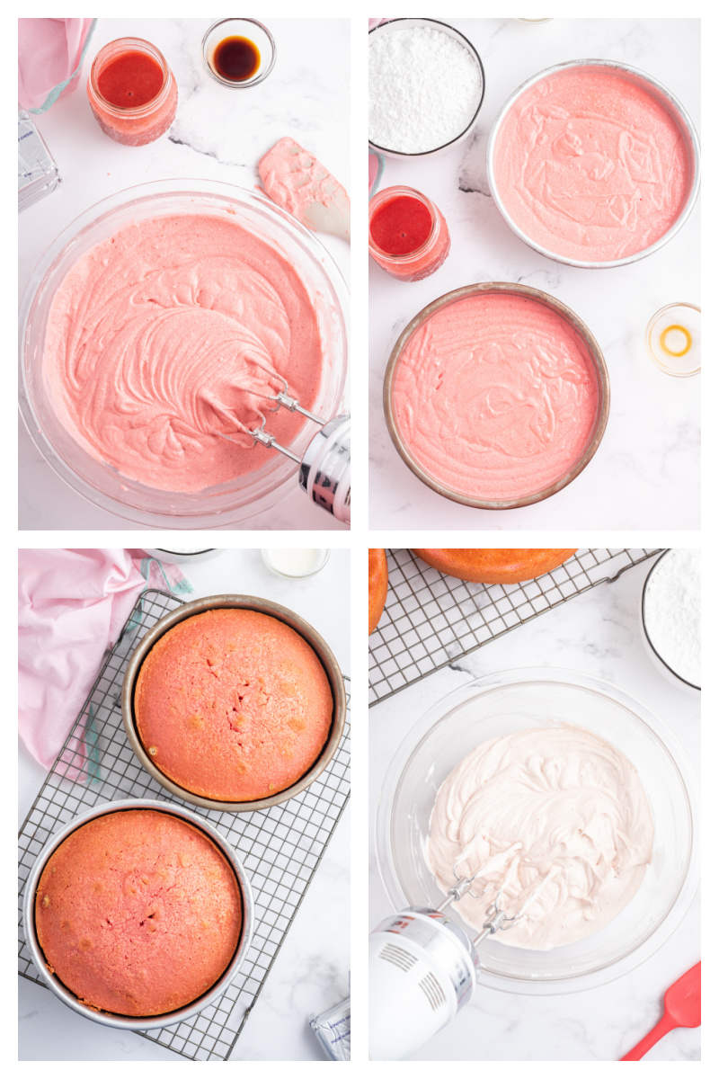 four images showing how to make strawberry layer cake
