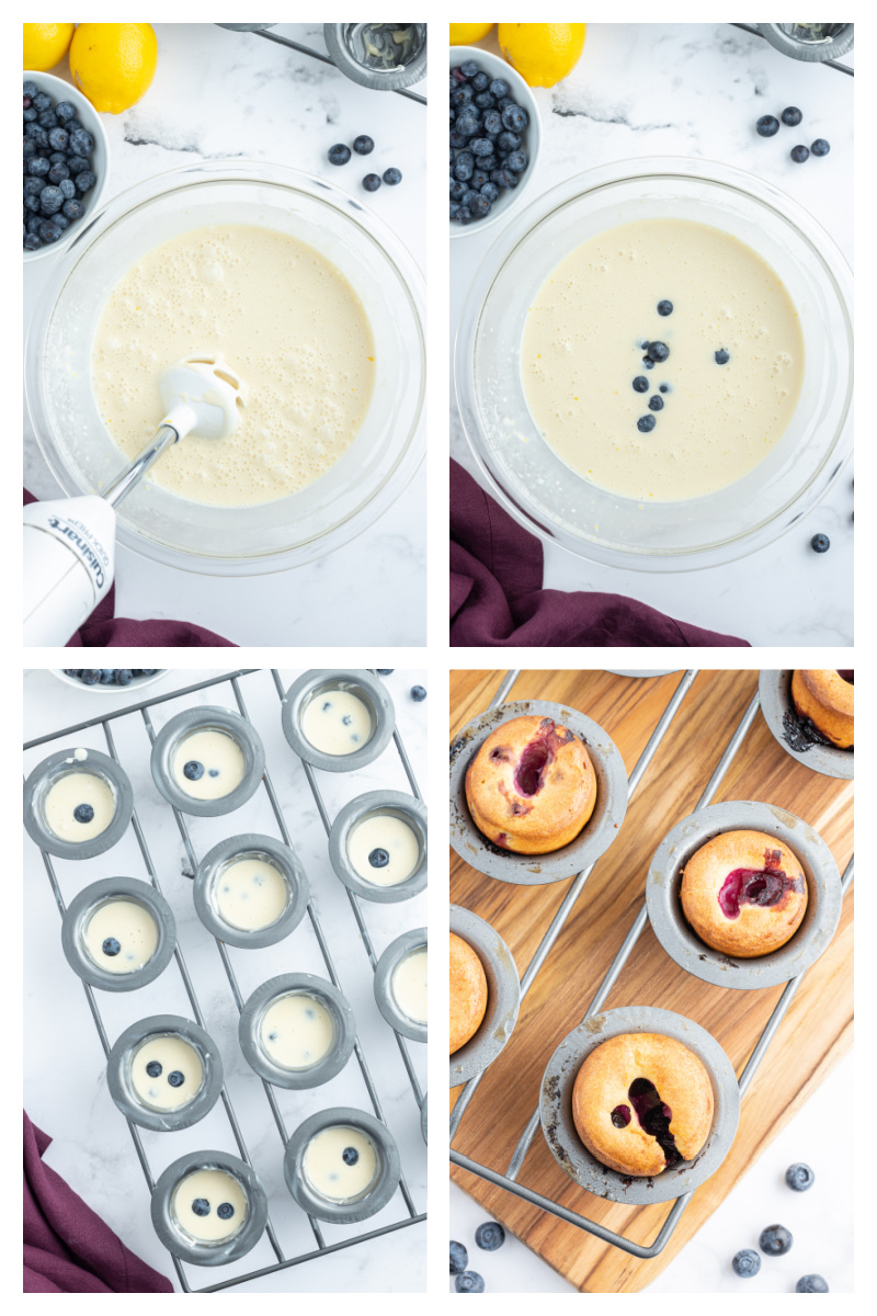four photos showing how to make blueberry popovers