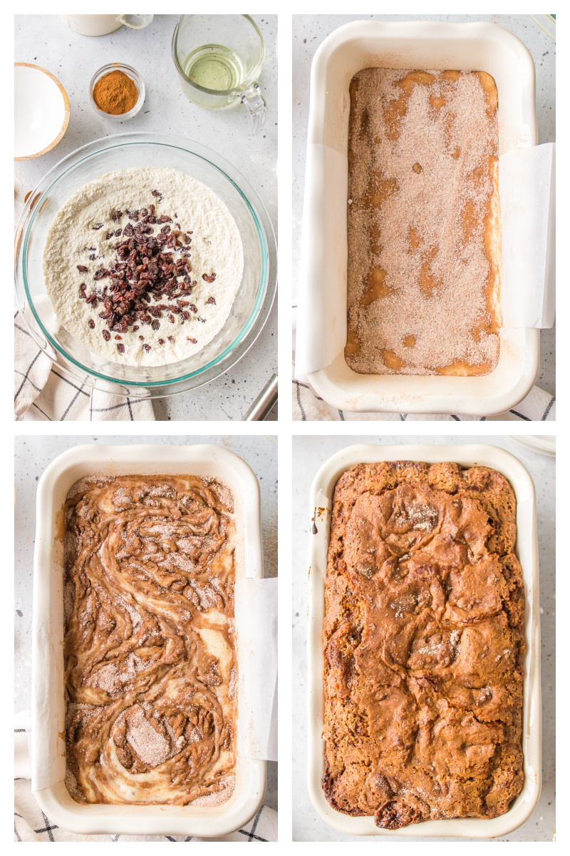 four photos showing how to make cinnamon raisin quick bread