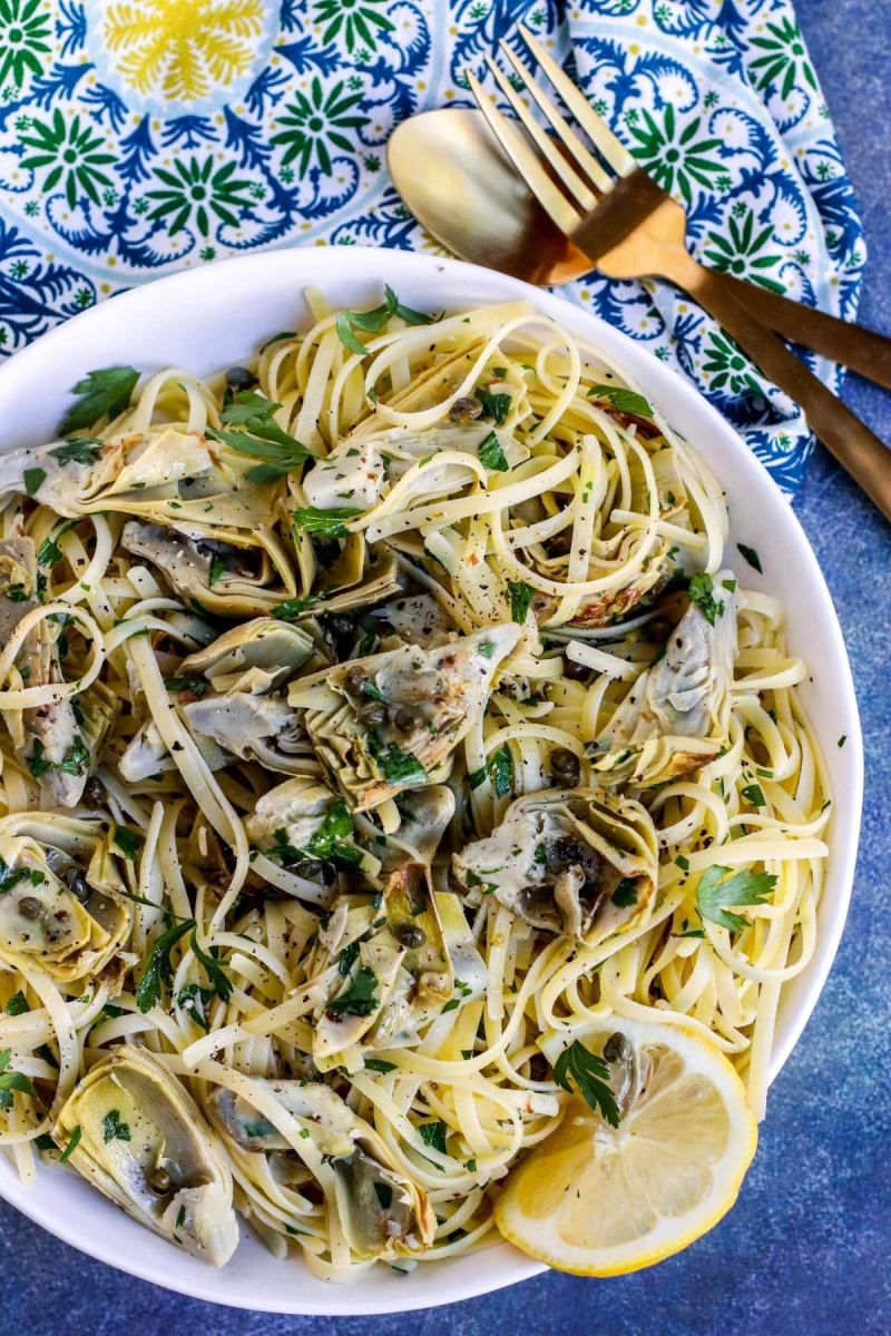 lemon artichoke pasta on plate