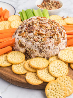 salmon party ball surrounded by crackers and veggies