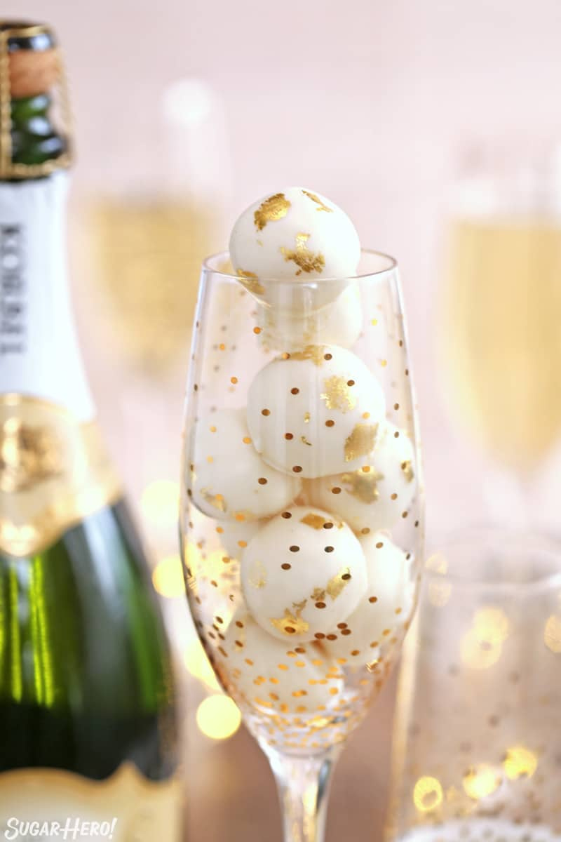 champagne white chocolate truffles in champagne glass