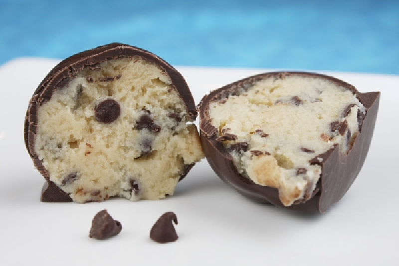 chocolate chip cookie dough truffle sliced in half
