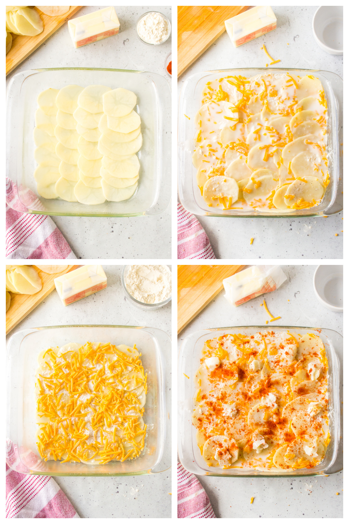 four photos showing how to make microwave scalloped potatoes