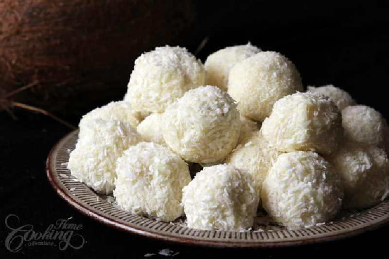 bowl of white chocolate and coconut truffles