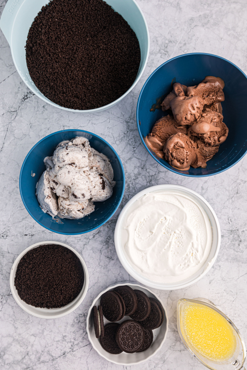 ingredients displayed for making chocolate cookies and cream ice cream cake