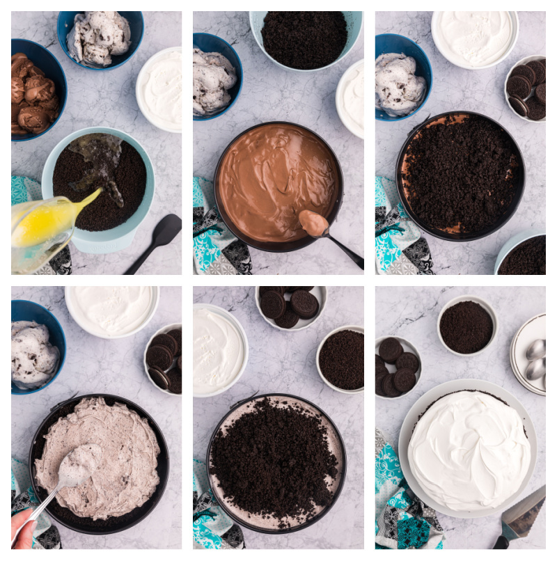 six photos showing how to assemble chocolate cookies and cream ice cream cake