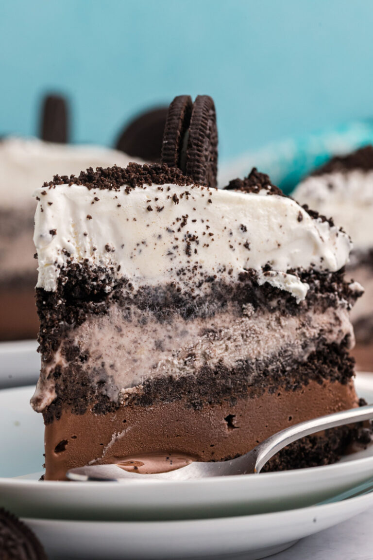 slice of chocolate cookies and cream ice cream cake on plate