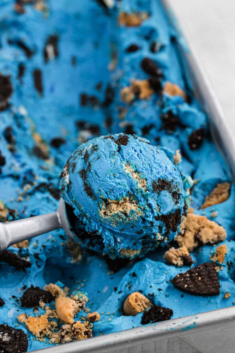 cookie monster ice cream in bin with scoop