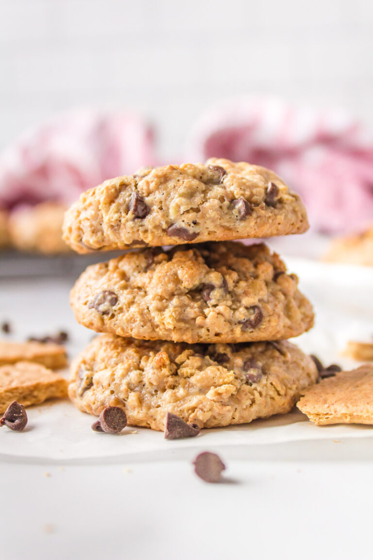 three graham cracker chocolate chip cookies stacked