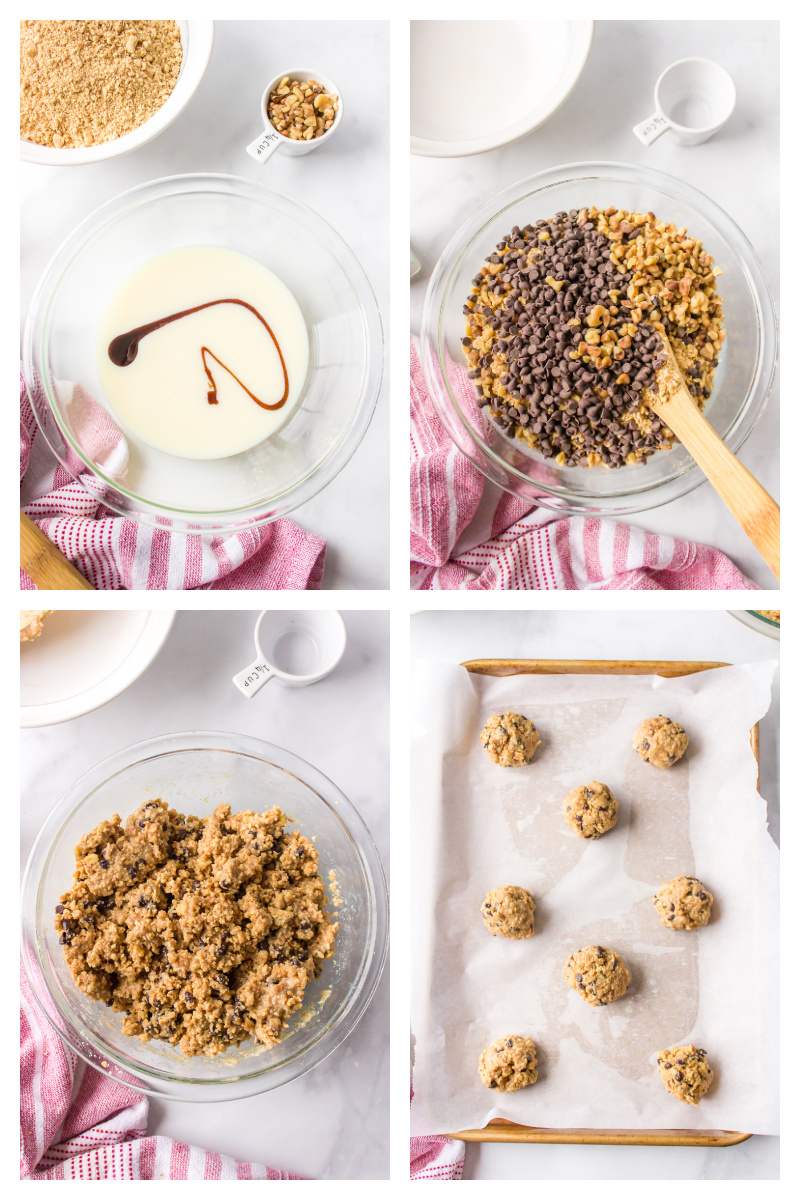 four photos showing how to make graham cracker chocolate chip cookies