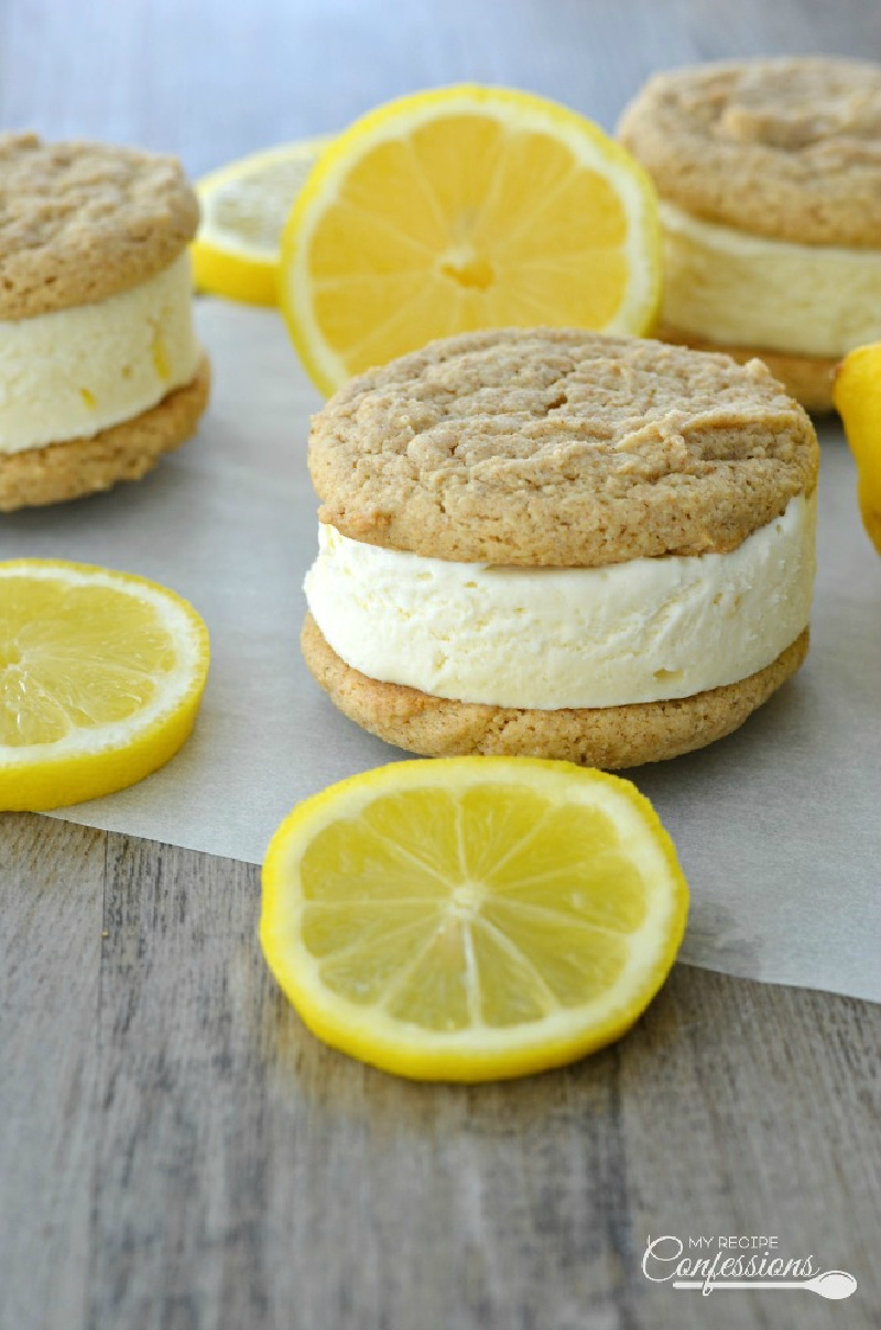 lemon cheesecake ice cream sandwich with lemon slices displayed