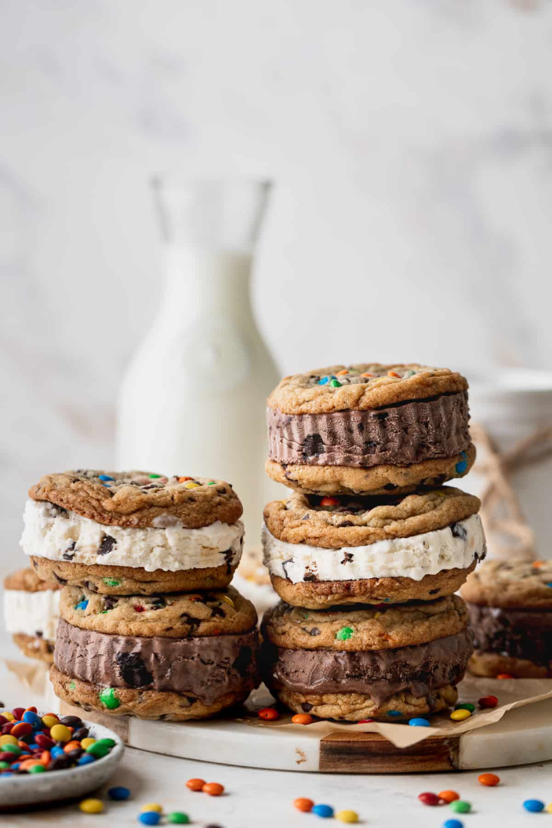 stacks of M&M cookie ice cream sandwiches