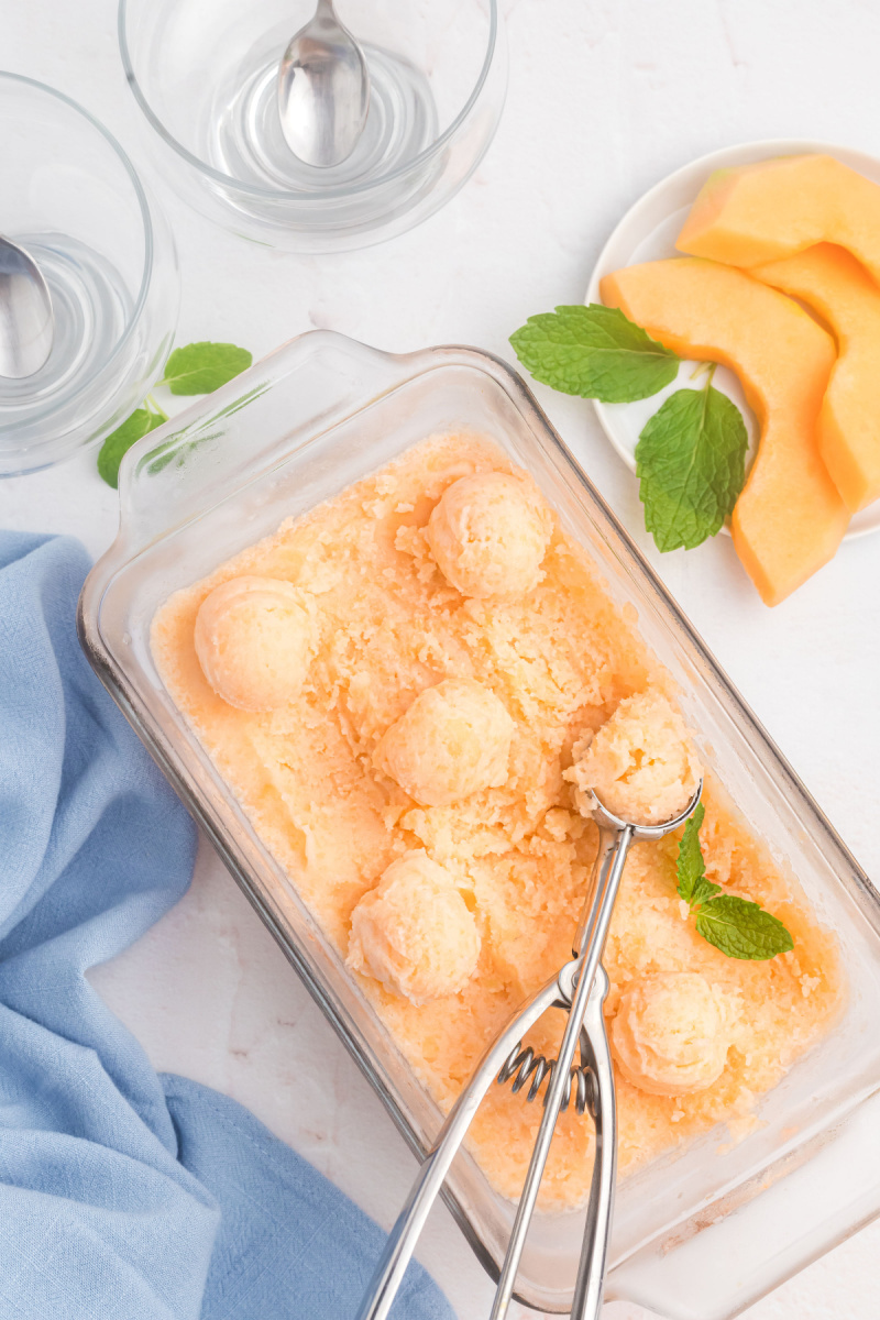 container of melon sorbet with scoops