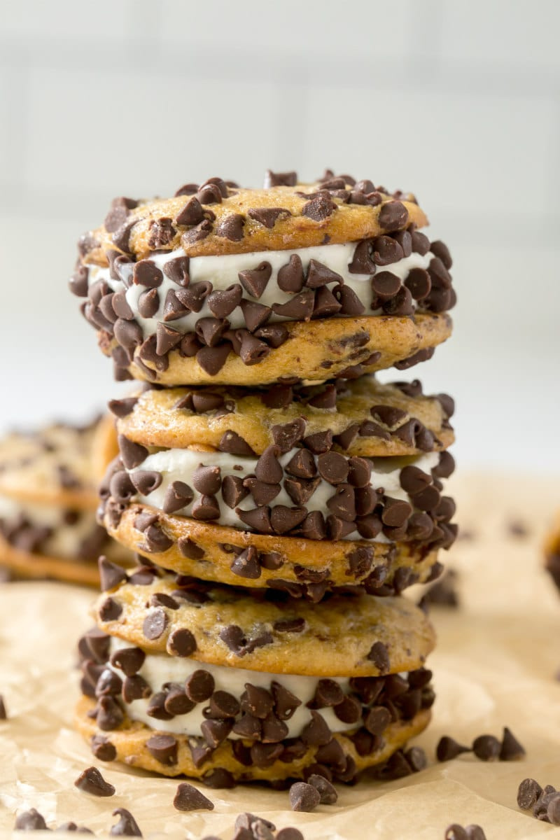 stack of mini chocolate chip ice cream sandwiches