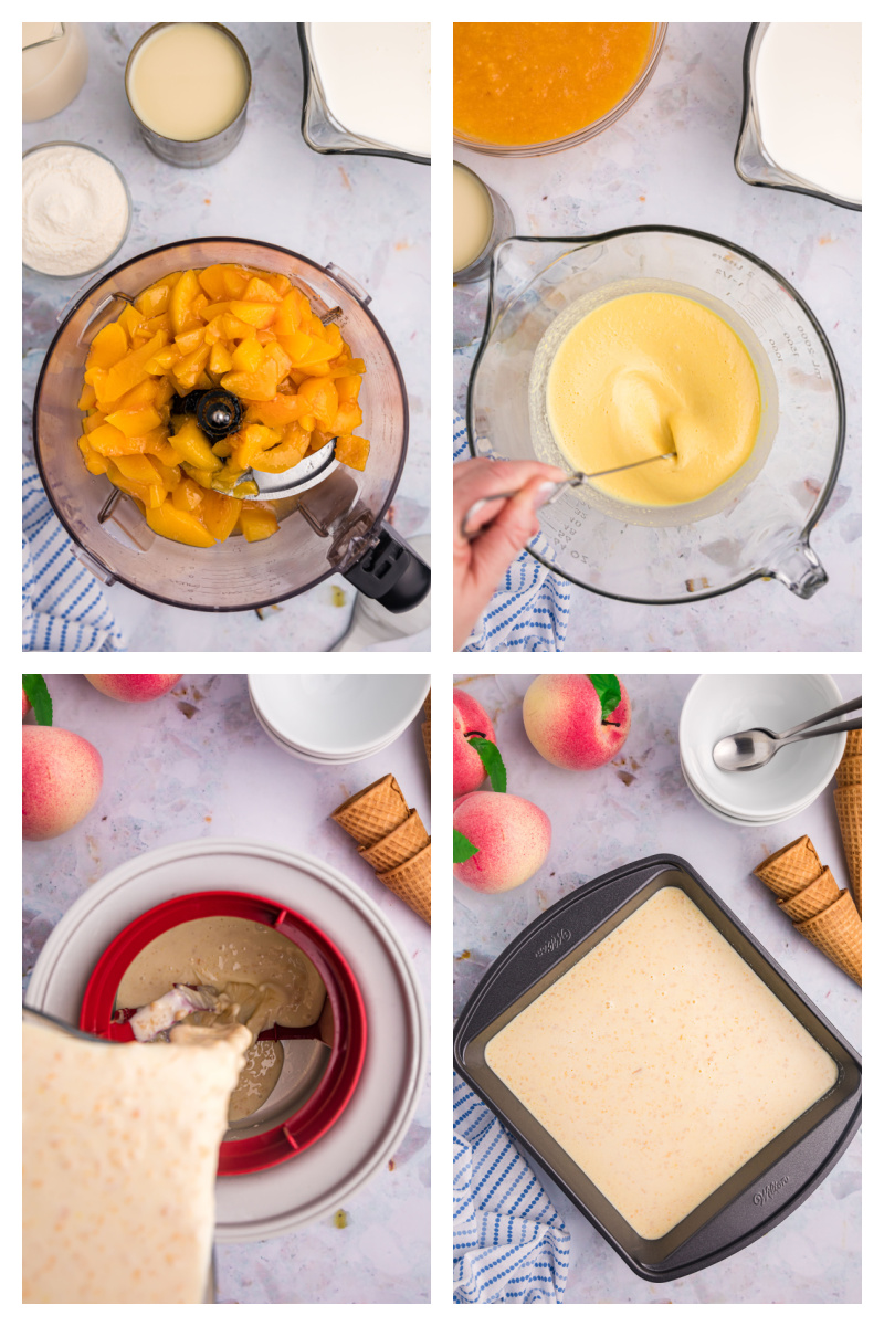 four photos showing how to make peach ice cream