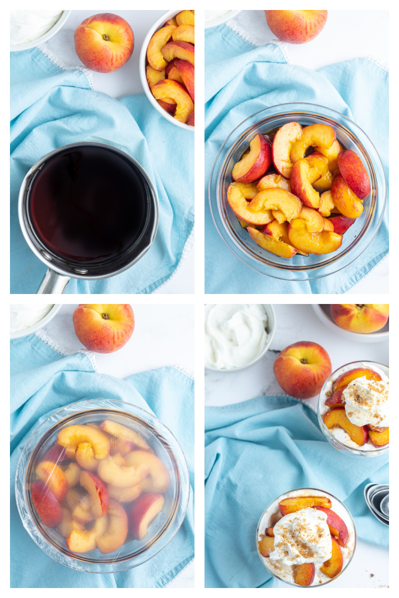 four photos showing how to make peaches and cream parfaits