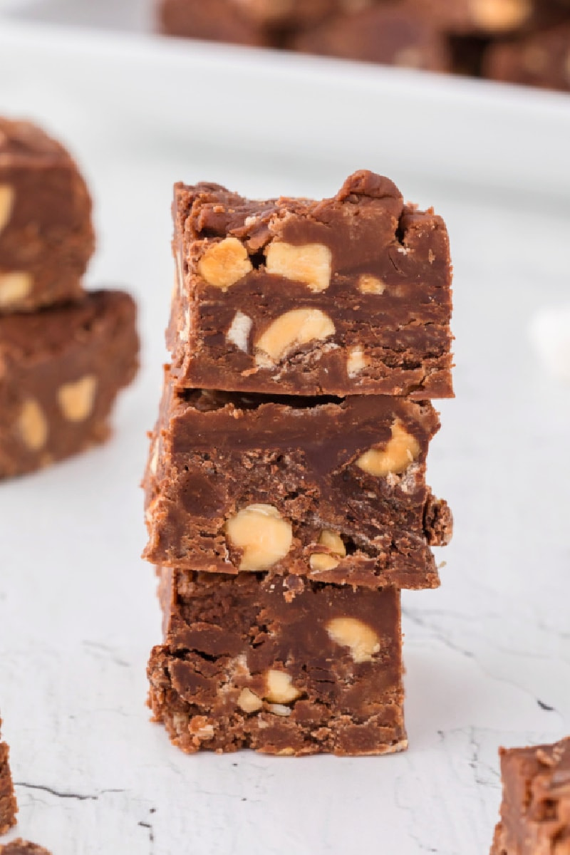 stack of three pieces of peanut butter chocolate fudge