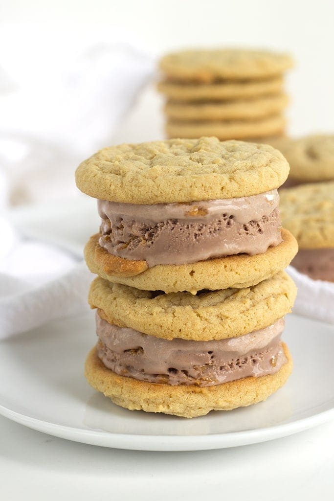 stack of peanut butter cookie chocolate ice cream sandwiches
