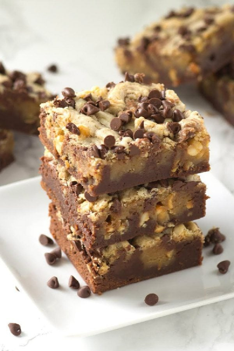 stack of three peanut butter swirl brownies